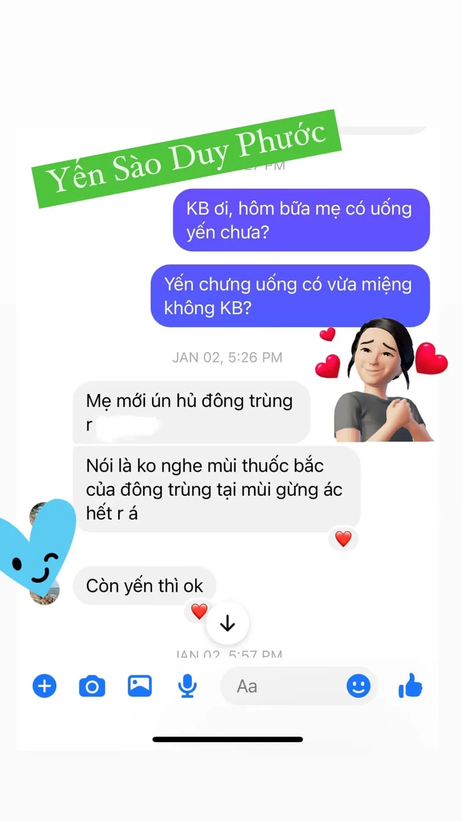 Ảnh phản hồi khách hàng về vị gừng và đông trùng của hũ yến, danh tính đã được che trong ảnh nguồn